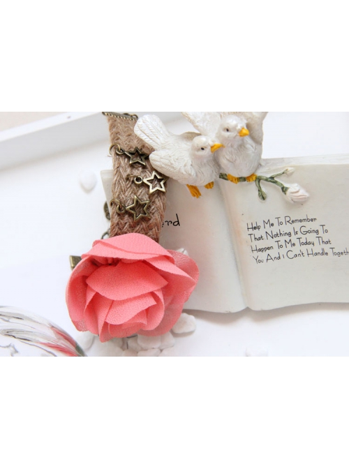 Fashion Pink Rose Flower Green Leaf Retro Hemp Rope Handmade Seaside Travel Female Bracelet