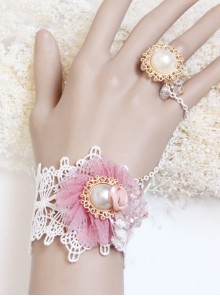 Fashion Pink Flower White Artificial Pearl Crystal Princess Lace Bracelet With Ring One Chain