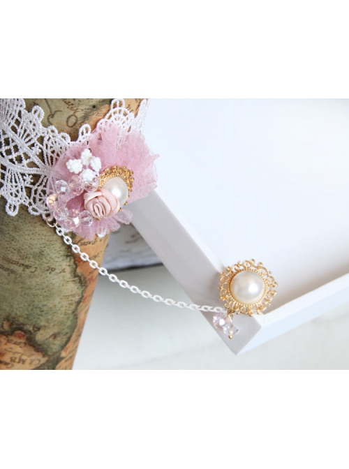 Fashion Pink Flower White Artificial Pearl Crystal Princess Lace Bracelet With Ring One Chain