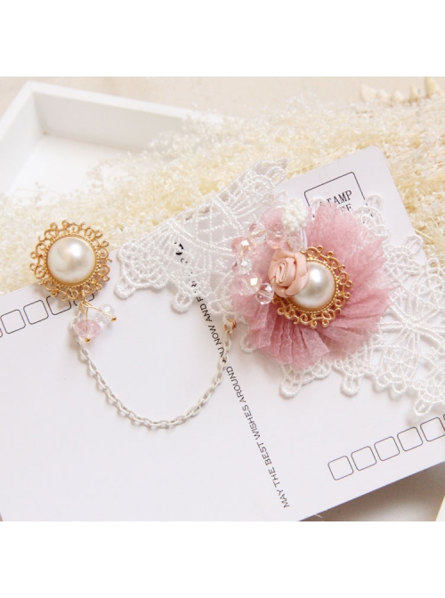Fashion Pink Flower White Artificial Pearl Crystal Princess Lace Bracelet With Ring One Chain