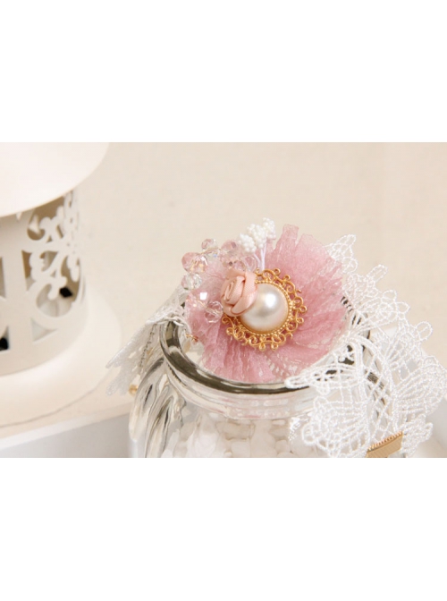 Fashion Pink Flower White Artificial Pearl Crystal Princess Lace Bracelet With Ring One Chain