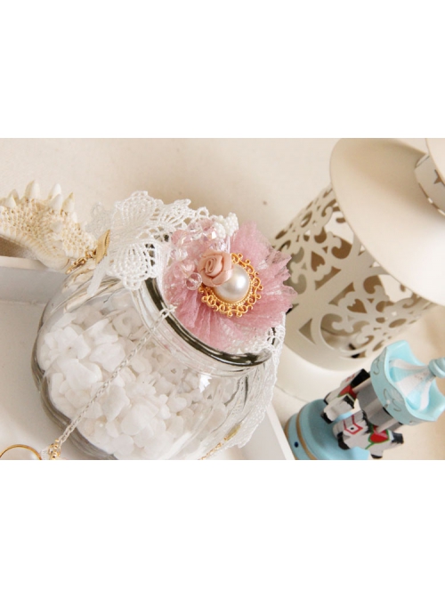 Fashion Pink Flower White Artificial Pearl Crystal Princess Lace Bracelet With Ring One Chain