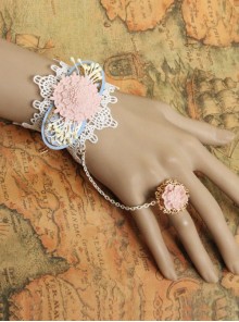 Retro Palace Pink Flower Fashion White Lace Female Bracelet With Ring One Chain