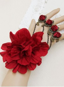 Bride Bridesmaid Retro Fashion Exaggerated Red Rose Flower Female Bracelet With Ring One Chain