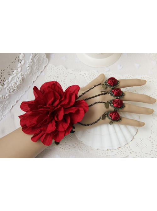 Bride Bridesmaid Retro Fashion Exaggerated Red Rose Flower Female Bracelet With Ring One Chain