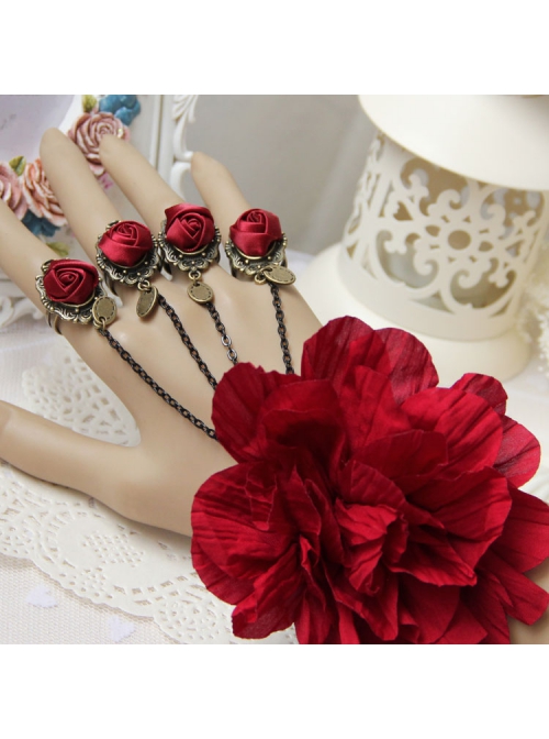 Bride Bridesmaid Retro Fashion Exaggerated Red Rose Flower Female Bracelet With Ring One Chain
