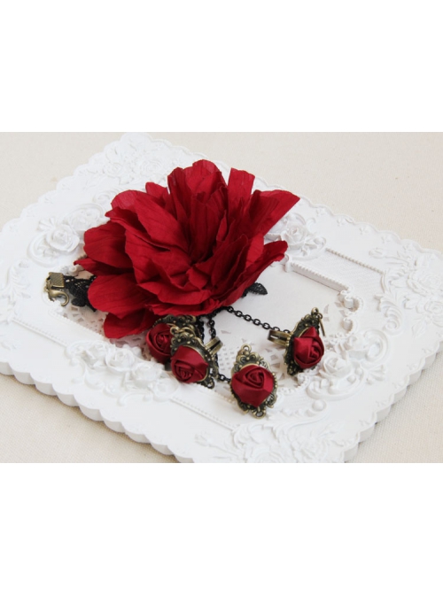 Bride Bridesmaid Retro Fashion Exaggerated Red Rose Flower Female Bracelet With Ring One Chain