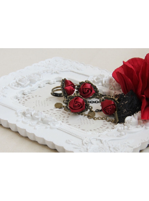 Bride Bridesmaid Retro Fashion Exaggerated Red Rose Flower Female Bracelet With Ring One Chain