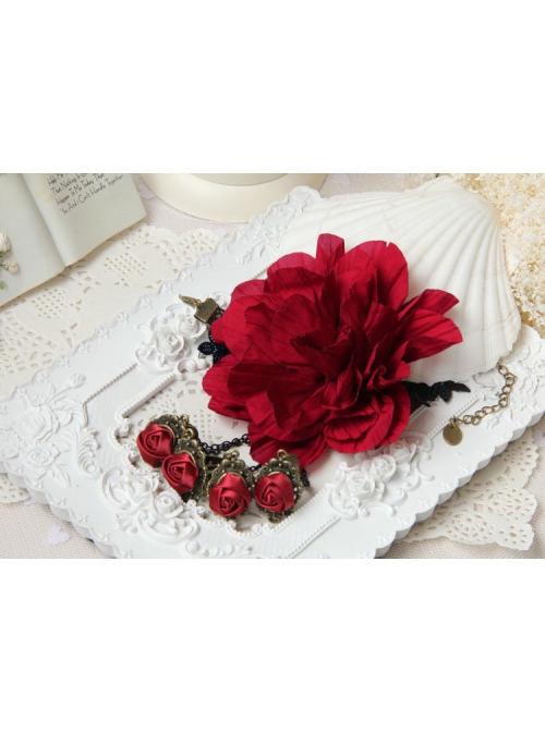 Bride Bridesmaid Retro Fashion Exaggerated Red Rose Flower Female Bracelet With Ring One Chain