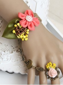 Fashion Bird Pink Rose Flower Green Leaf Retro Creative Female Bracelet With Ring One Chain
