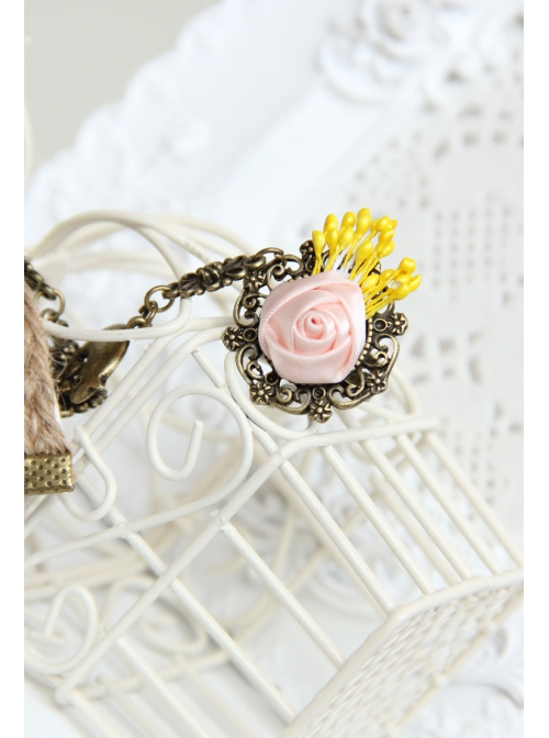 Fashion Bird Pink Rose Flower Green Leaf Retro Creative Female Bracelet With Ring One Chain