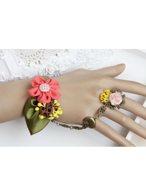 Fashion Bird Pink Rose Flower Green Leaf Retro Creative Female Bracelet With Ring One Chain