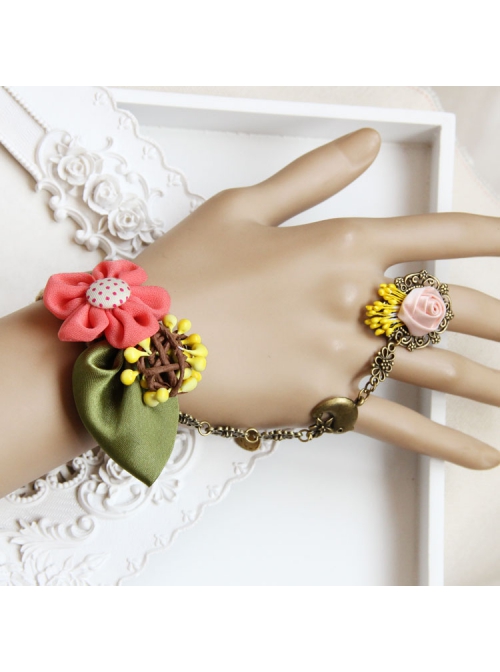 Fashion Bird Pink Rose Flower Green Leaf Retro Creative Female Bracelet With Ring One Chain