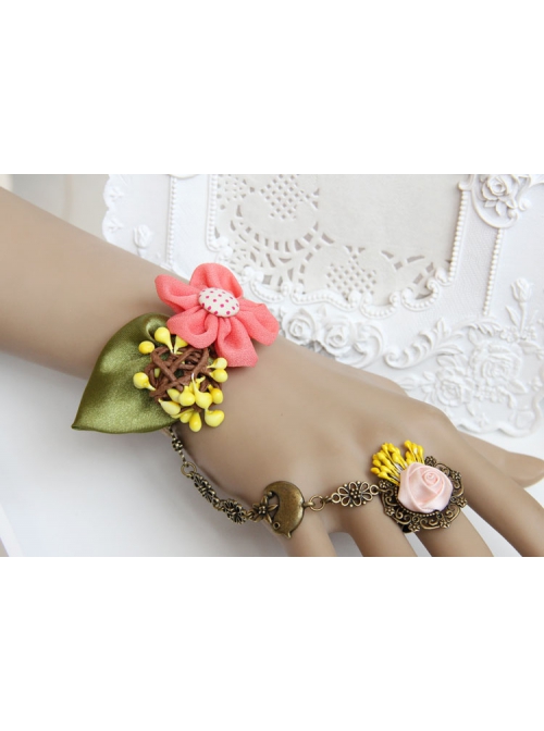 Fashion Bird Pink Rose Flower Green Leaf Retro Creative Female Bracelet With Ring One Chain