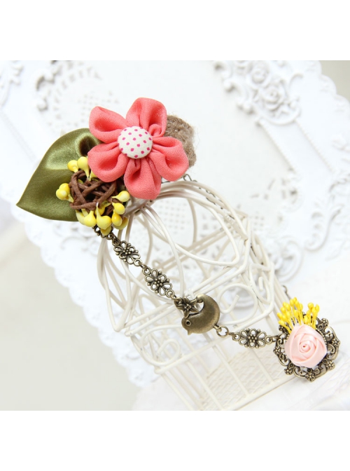 Fashion Bird Pink Rose Flower Green Leaf Retro Creative Female Bracelet With Ring One Chain
