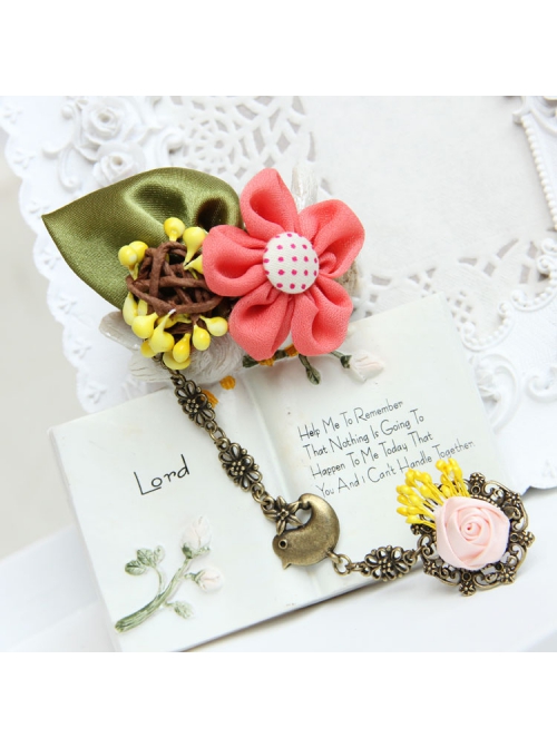 Fashion Bird Pink Rose Flower Green Leaf Retro Creative Female Bracelet With Ring One Chain