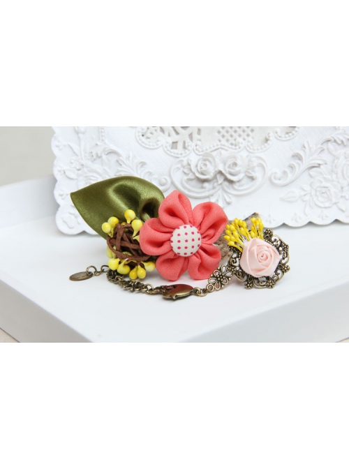 Fashion Bird Pink Rose Flower Green Leaf Retro Creative Female Bracelet With Ring One Chain