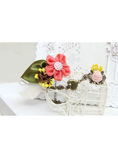 Fashion Bird Pink Rose Flower Green Leaf Retro Creative Female Bracelet With Ring One Chain