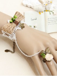 Retro Creative Fashion Hemp Rope Bow Champagne Rose Flower White Lace Female Bracelet with Ring One Chain