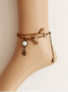 Casual Brown Velvet Rope Pearl Four-Leaf Clover Female Fashion Retro Straw Rope Anklet