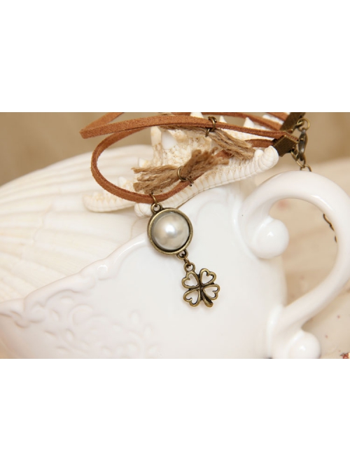 Casual Brown Velvet Rope Pearl Four-Leaf Clover Female Fashion Retro Straw Rope Anklet