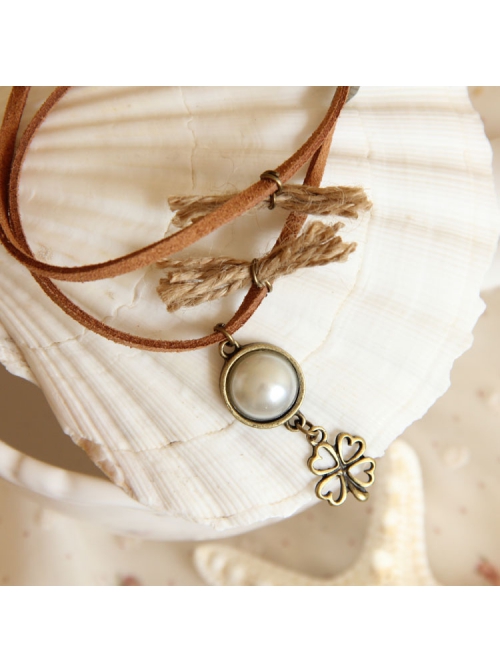 Casual Brown Velvet Rope Pearl Four-Leaf Clover Female Fashion Retro Straw Rope Anklet