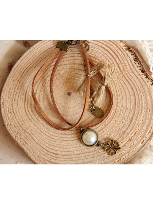 Casual Brown Velvet Rope Pearl Four-Leaf Clover Female Fashion Retro Straw Rope Anklet