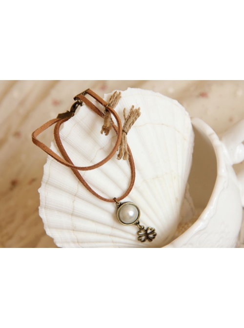 Casual Brown Velvet Rope Pearl Four-Leaf Clover Female Fashion Retro Straw Rope Anklet