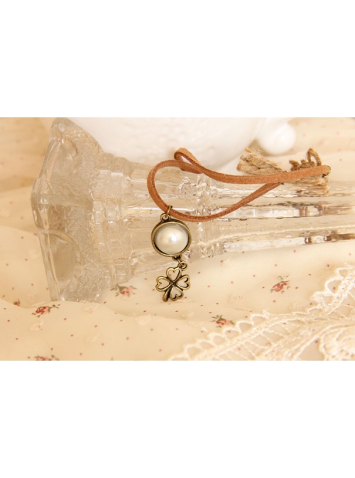 Casual Brown Velvet Rope Pearl Four-Leaf Clover Female Fashion Retro Straw Rope Anklet
