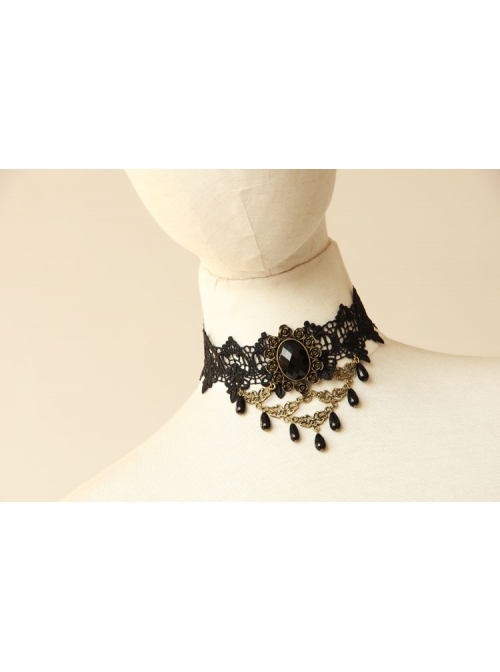 Exaggerated Female Fashion Gothic Retro Exaggerated Black Lace Flower Gemstone Drop Diamond Choker