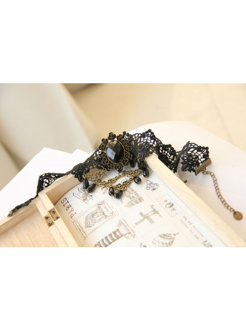 Exaggerated Female Fashion Gothic Retro Exaggerated Black Lace Flower Gemstone Drop Diamond Choker