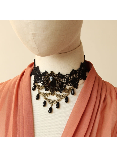 Exaggerated Female Fashion Gothic Retro Exaggerated Black Lace Flower Gemstone Drop Diamond Choker
