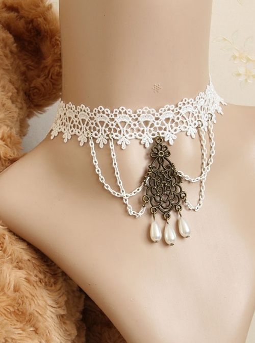 Bride Wedding Fashion Baroque White Retro Lace Pearl Tassel Female Choker