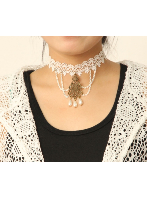 Bride Wedding Fashion Baroque White Retro Lace Pearl Tassel Female Choker
