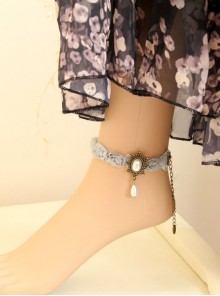 Grey Retro Fashion Rose Flower Palace Lace White Pearl Female Anklet
