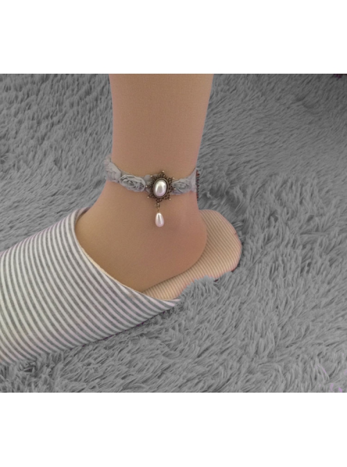 Grey Retro Fashion Rose Flower Palace Lace White Pearl Female Anklet