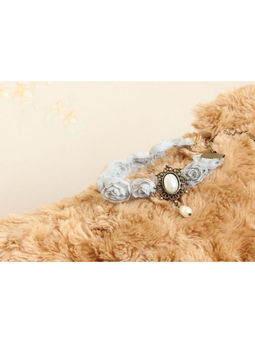 Grey Retro Fashion Rose Flower Palace Lace White Pearl Female Anklet