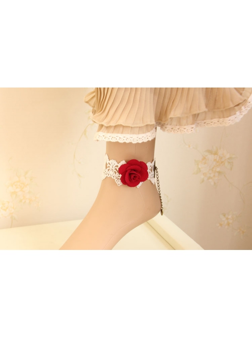 Fashion White Red Rose Flower Bride Retro Gothic White Lace Female Anklet