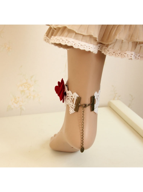Fashion White Red Rose Flower Bride Retro Gothic White Lace Female Anklet