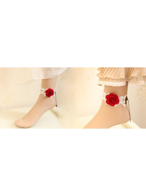 Fashion White Red Rose Flower Bride Retro Gothic White Lace Female Anklet