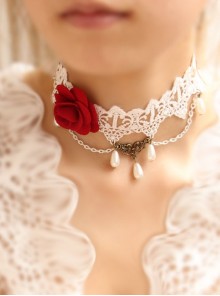 Retro Palace Fashion White Lace Red Rose Flower Pearl Female Choker