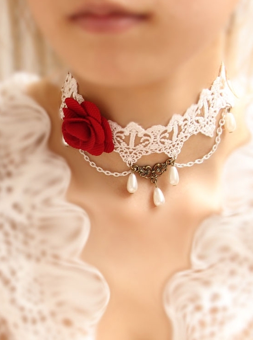 Retro Palace Fashion White Lace Red Rose Flower Pearl Female Choker