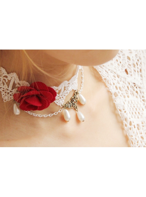 Retro Palace Fashion White Lace Red Rose Flower Pearl Female Choker