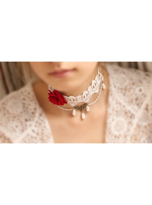 Retro Palace Fashion White Lace Red Rose Flower Pearl Female Choker