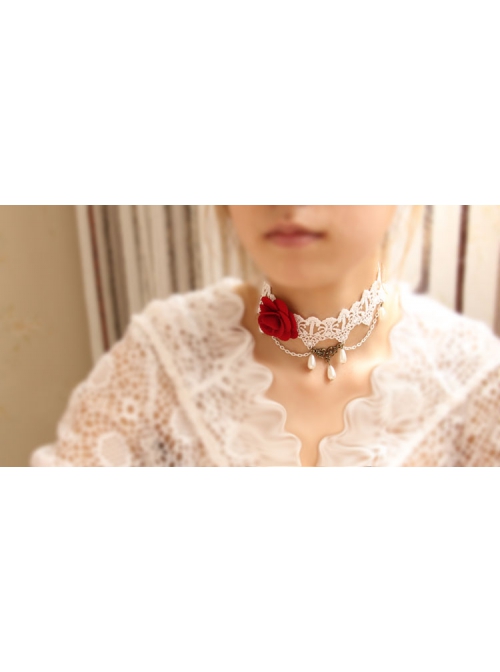 Retro Palace Fashion White Lace Red Rose Flower Pearl Female Choker