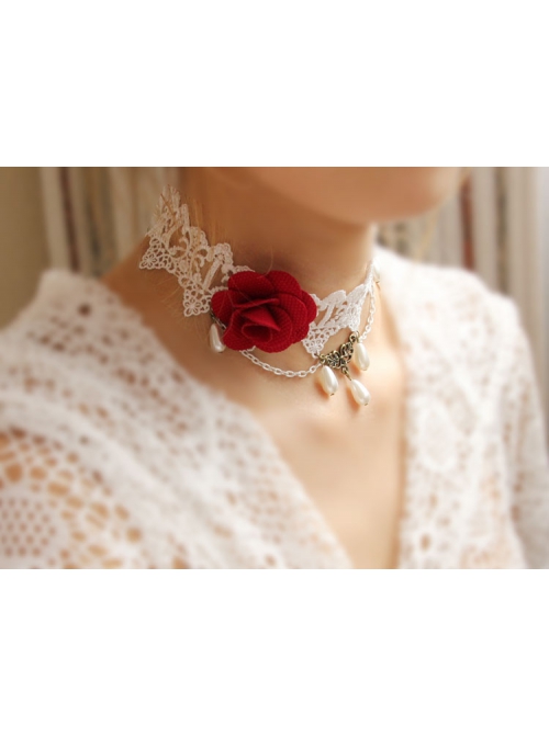 Retro Palace Fashion White Lace Red Rose Flower Pearl Female Choker