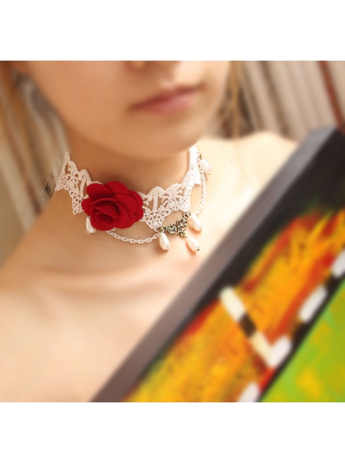 Retro Palace Fashion White Lace Red Rose Flower Pearl Female Choker
