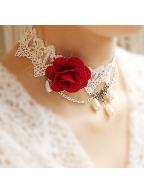 Retro Palace Fashion White Lace Red Rose Flower Pearl Female Choker