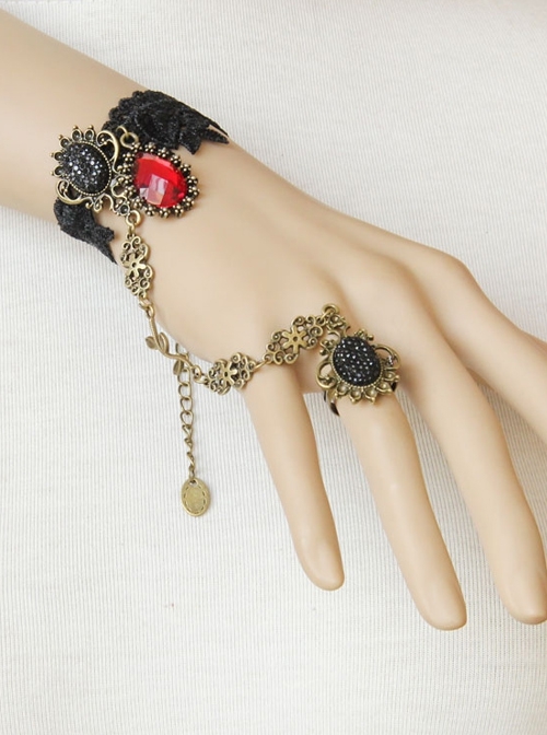Vampire Retro Court Gothic Fashion Handmade Black Lace Ruby Female Christmas Party With Ring Bracelet