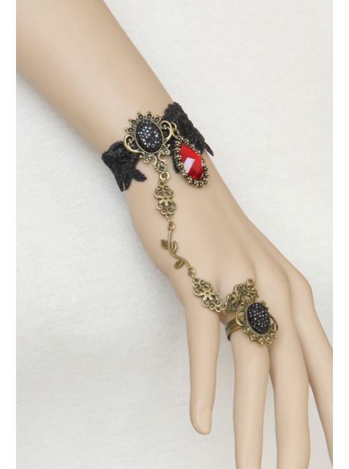 Vampire Retro Court Gothic Fashion Handmade Black Lace Ruby Female Christmas Party With Ring Bracelet